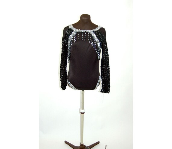 1980s dance costume leotard black silver sequin b… - image 1