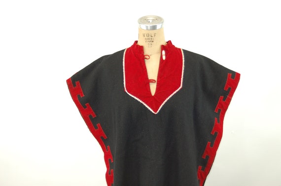 Mayan poncho black red wool Guatamalan coat wrap … - image 2