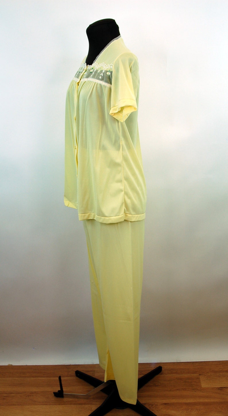 1960s pajamas yellow nylon sleepwear by Kayser with sheer chiffon bodice and embroidered rosebuds Size S image 3