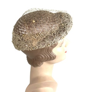 1950s straw hat blush pink with lace and pearls