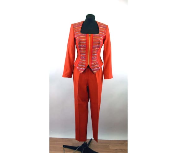 1990s pant suit burnt orange corset top zip front
