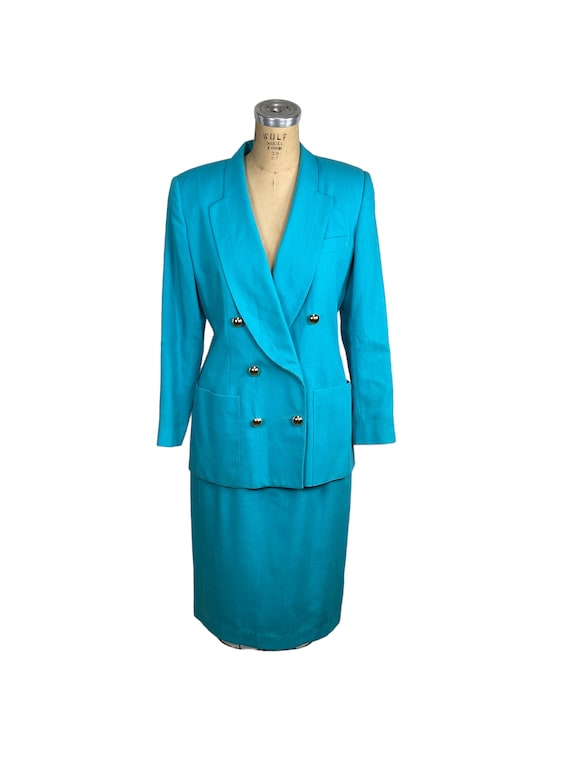 1980s Oleg Cassini suit turquoise blue double brea