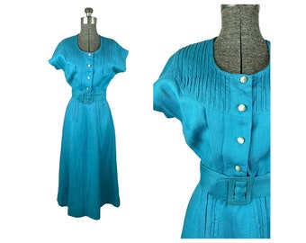 Early 1950s teal linen dress with dolman sleeves and vertical pleats Size Small VFG