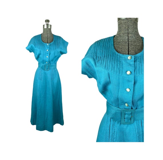 Early 1950s teal linen dress with dolman sleeves … - image 1