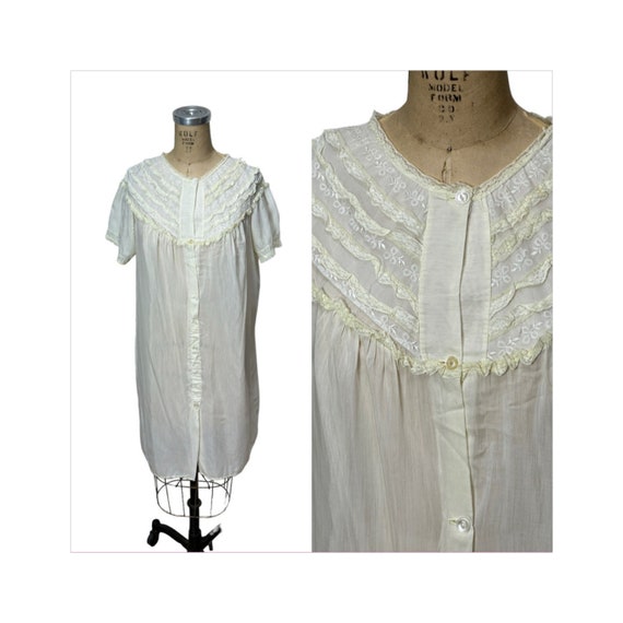 1950s cotton blend robe with lace bodice Size L/XL - image 1