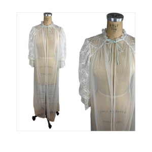 1960s white sheer robe with puffed lace sleeves Size M by Val Mode