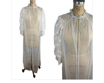 1960s white sheer robe with puffed lace sleeves Size M by Val Mode