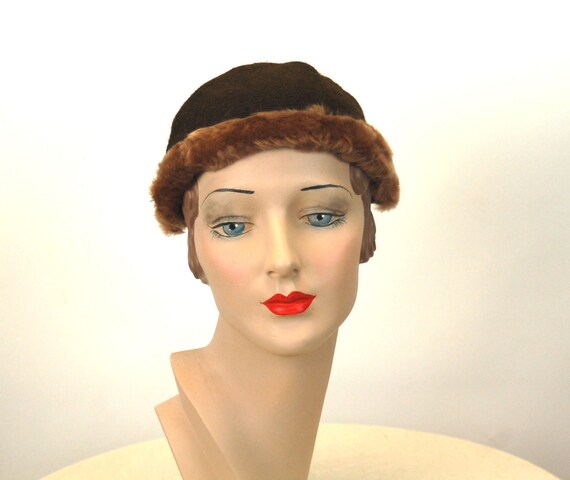 1940s cap fur lined hat knit hat brown headband h… - image 2