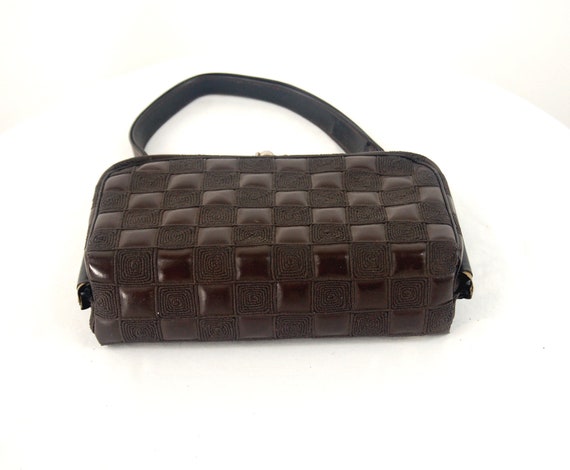 1960s handbag texturized checkered brown vinyl fa… - image 5