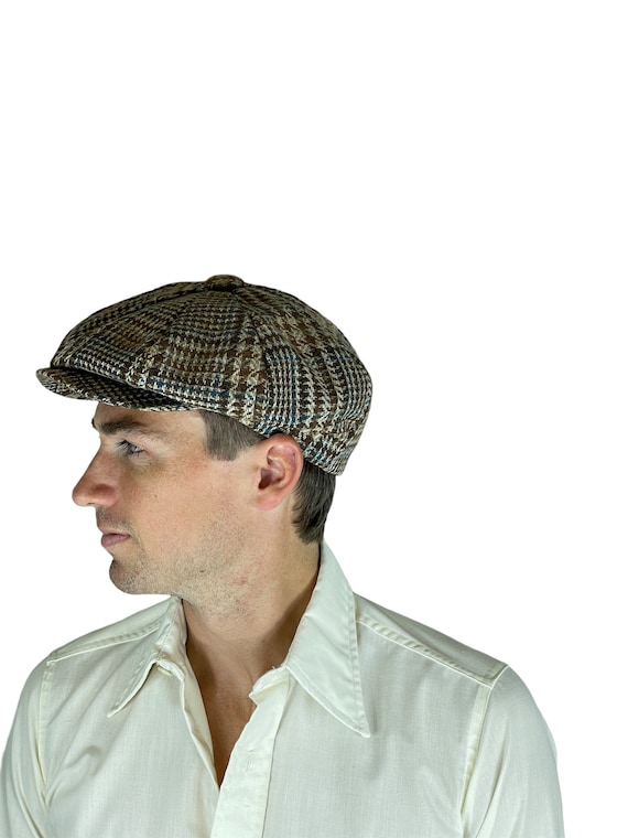 1960s 70s plaid tweed newsboy cap in brown and bl… - image 1