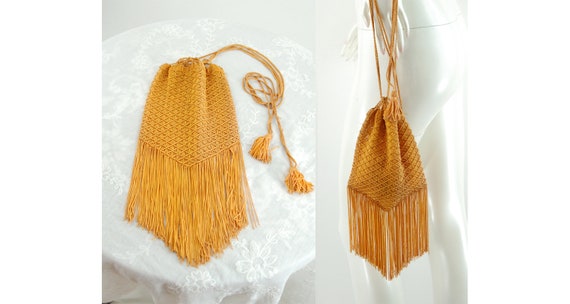 1970s macrame bag pouch bag with fringe orange gol