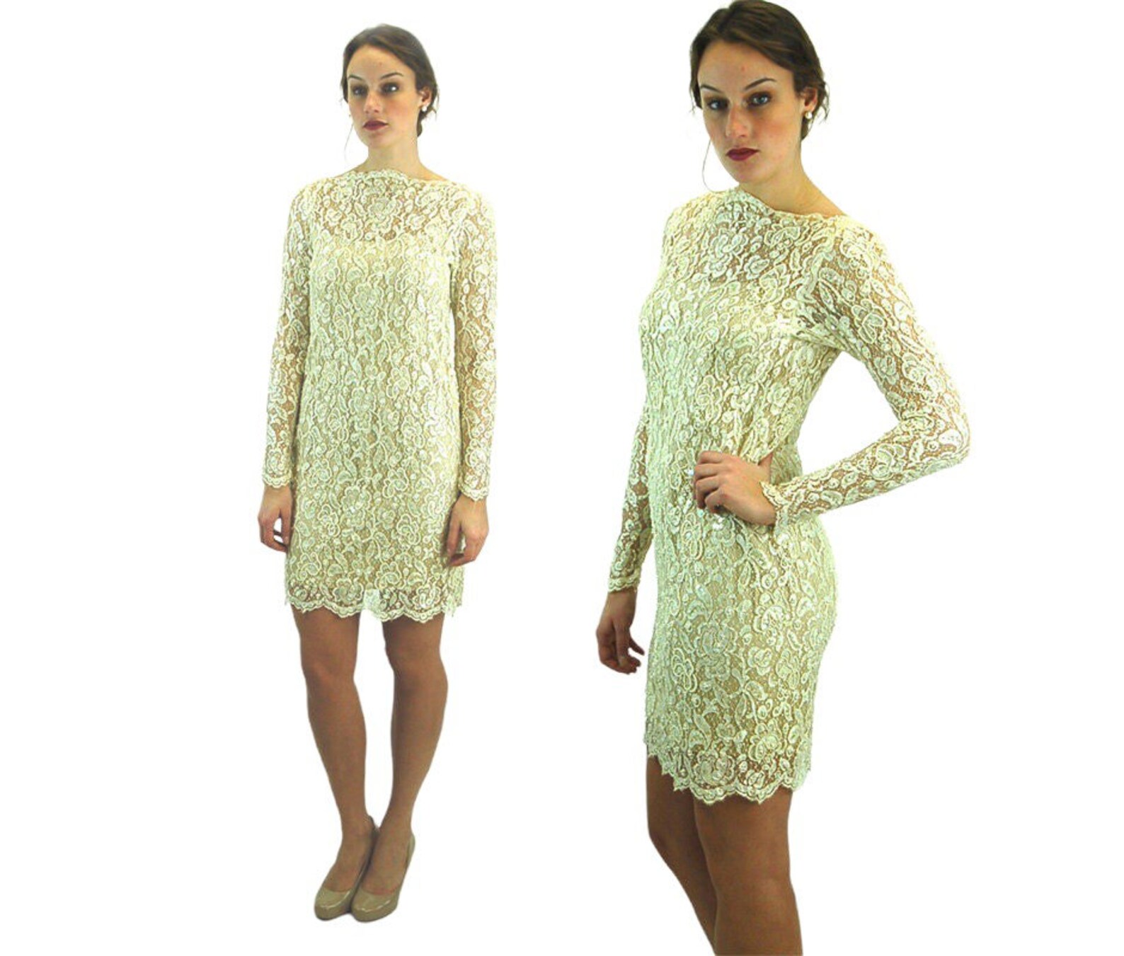 15169 Ecru Sequins Tassel Dress