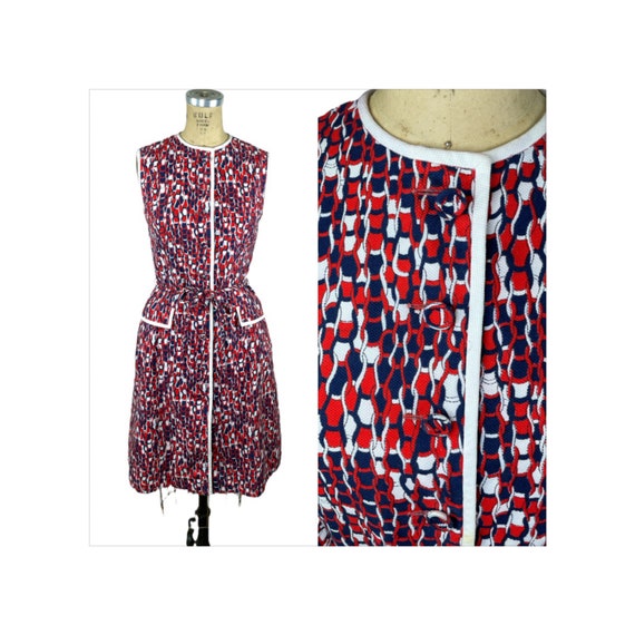 1960s cotton day dress in red white and blue Piqu… - image 1