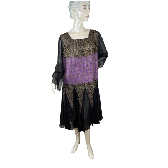 1920s silk chiffon dress black purple with gold b… - image 1