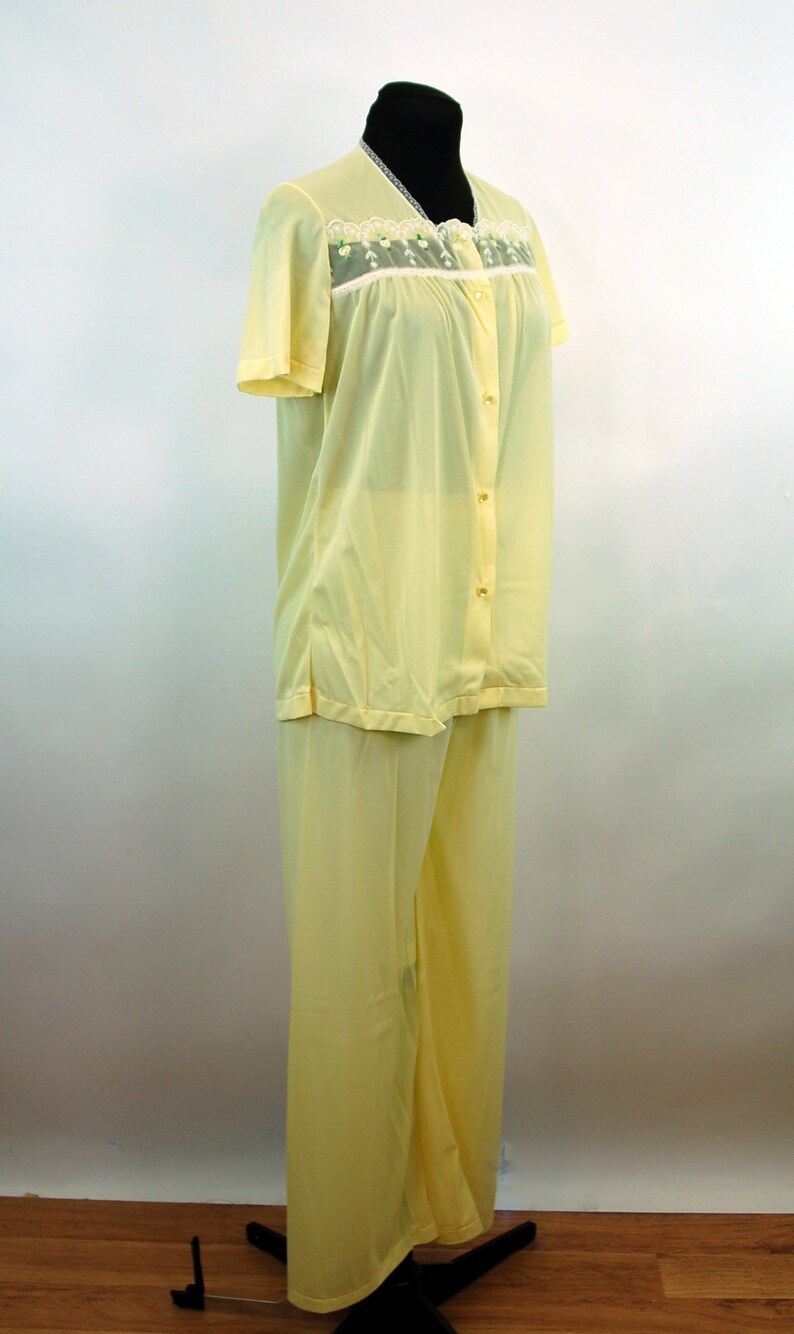 1960s pajamas yellow nylon sleepwear by Kayser with sheer chiffon bodice and embroidered rosebuds Size S image 5