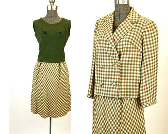 1960s suit skirt suit tweed checked jacket skirt top three piece suit olive green brown Size S