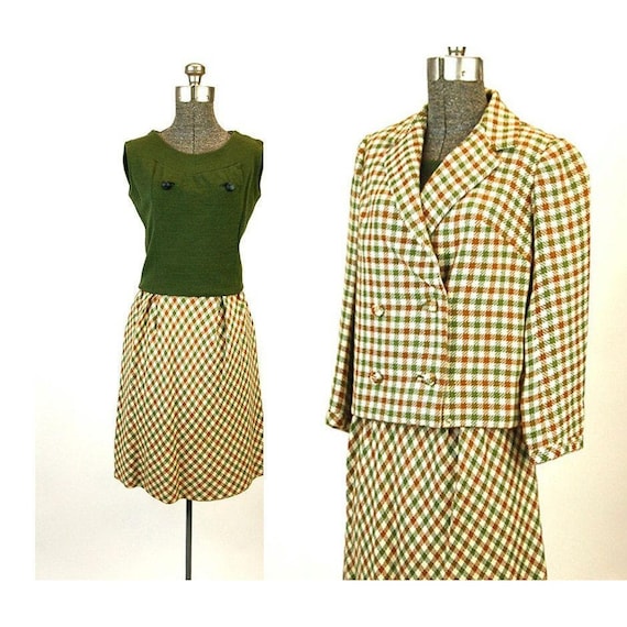 1960s suit skirt suit tweed checked jacket skirt t