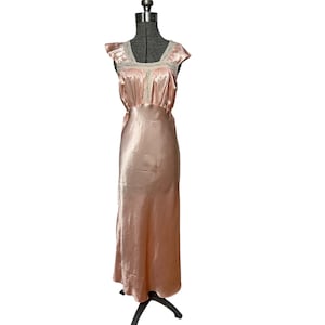1930s satin nightgown bias cut wth lace and flutter sleeves Size S