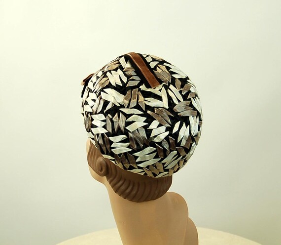 1960s hat pillbox hat raffia straw hat black whit… - image 2