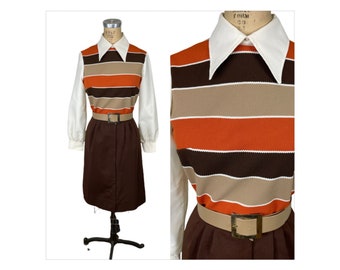 1970s striped school girl dress orange brown Size M/L