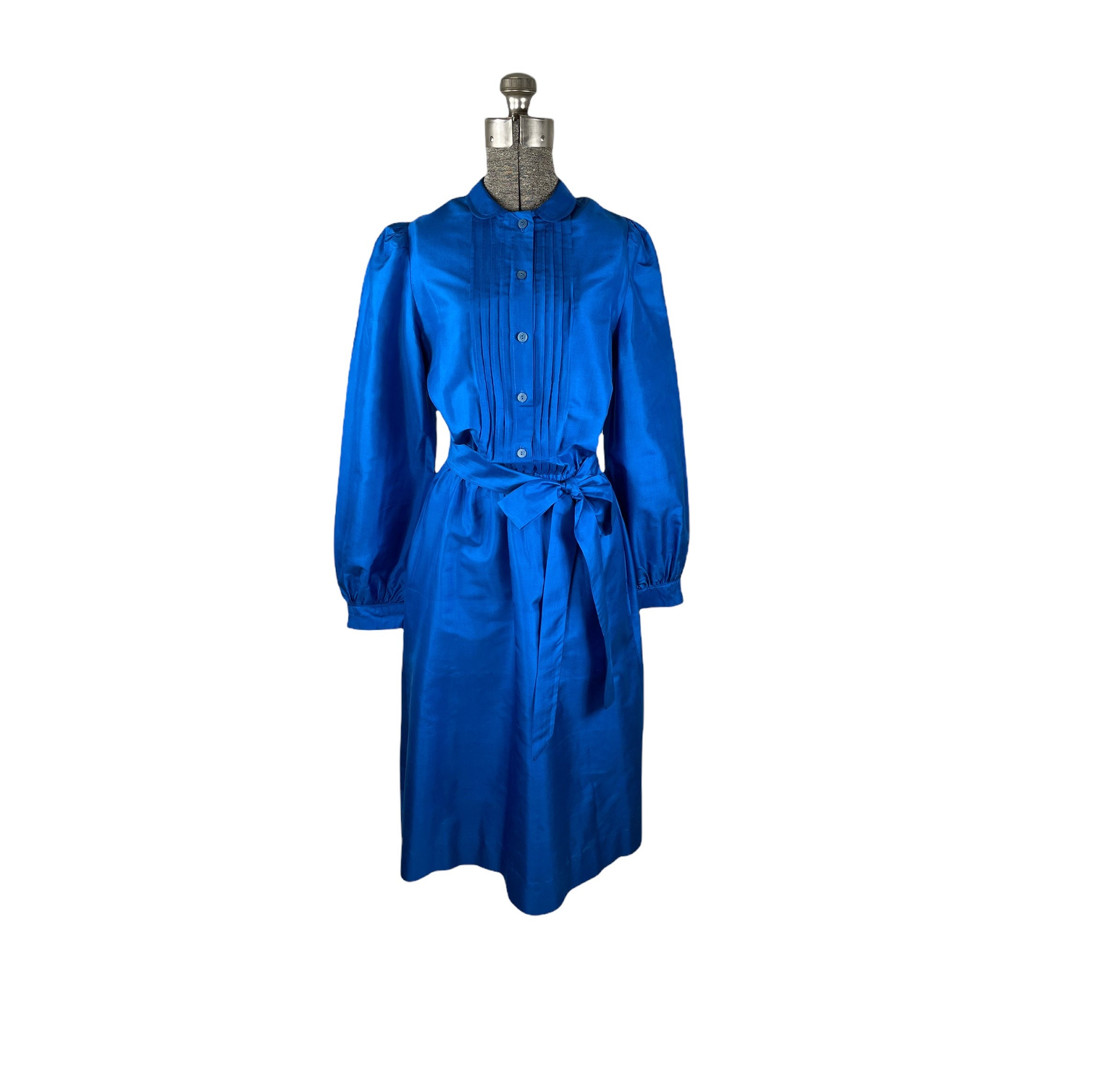 1980s Silk Shirtwaist Dress Royal Blue With Pleated Bodice and Tie