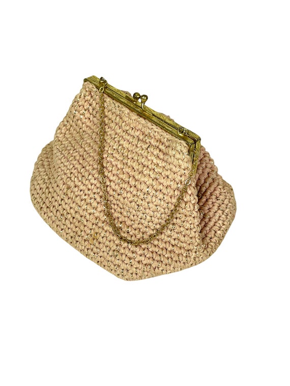 1950s pink and gold bag clutch woven straw raffia… - image 5