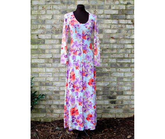 1970s maxi dress, flowered maxi dress, boho dress, Si… - Gem