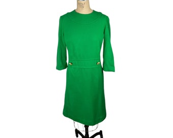 1960s green wool crepe dress with big gold buttons Size M by Nat Kaplan