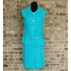 1960s linen suit, skirt suit, turquoise aqua blue, vest top, preppy, Peter Pan Collar image 1