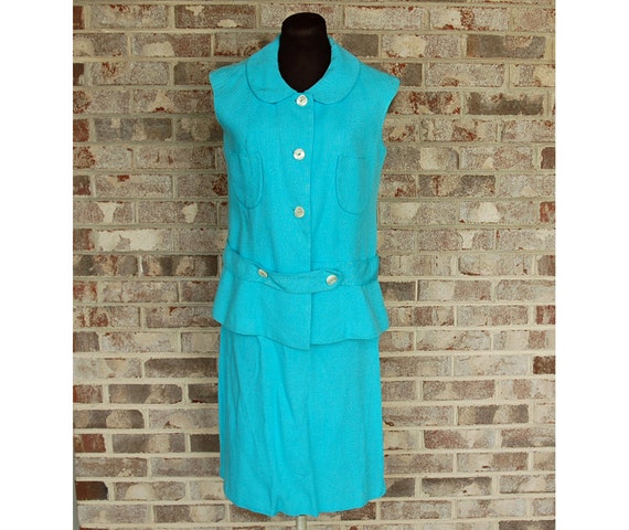 1960s linen suit, skirt suit, turquoise aqua blue… - image 1