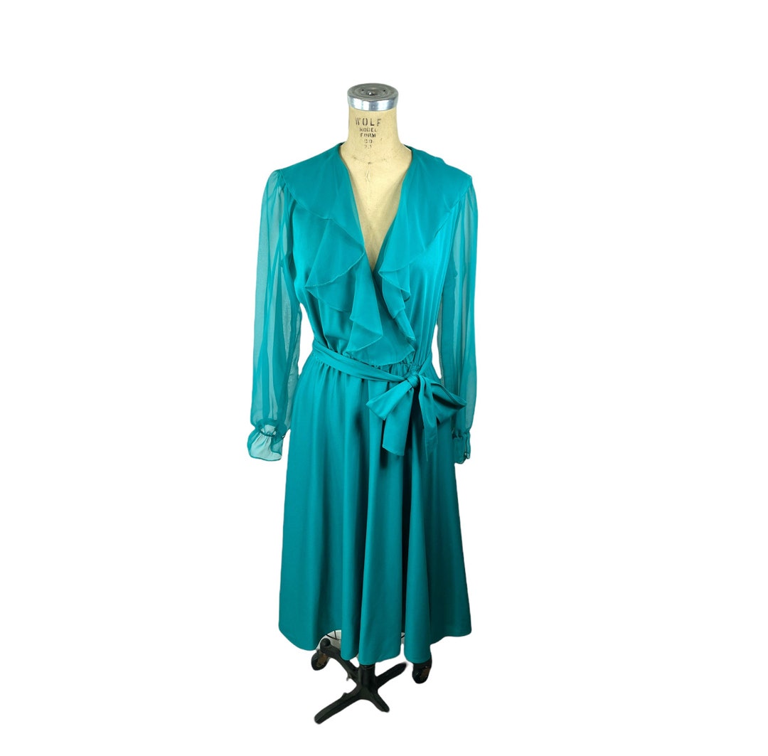 1970s Teal Dress Sheer Sleeves and Ruffled Collar Wrap Bodice - Etsy