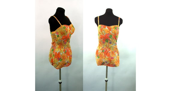1950s bathing suit swimsuit play suit orange flora