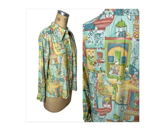 1970s nylon disco shirt with Asian scenes Size M/L