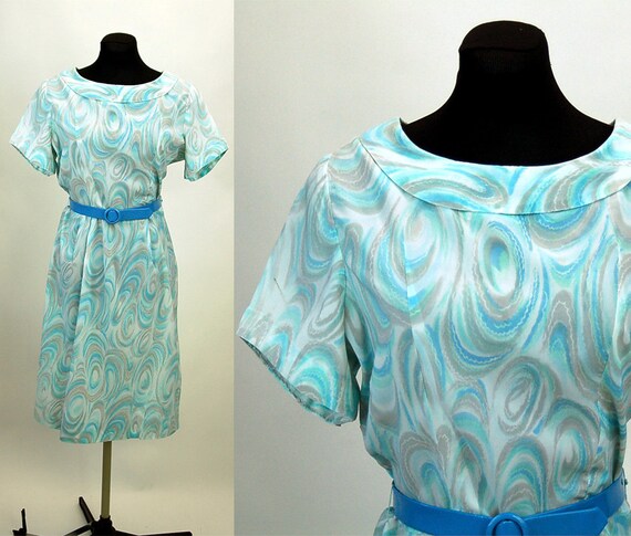1950s dress, watercolor dress, marbelized, aqua bl