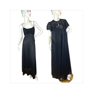 1960s schwarzes Peignoir Negligee aus Nylon und Spitze von Shadowline Gr. S/M