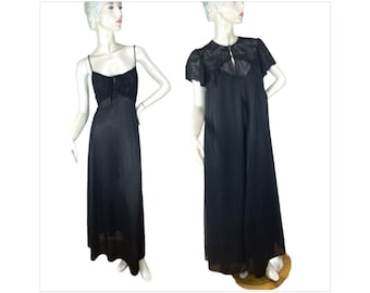 1960s black peignoir negligee in nylon and lace by Shadowline Size S/M