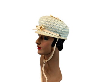 1960s hat white straw bubble tilt hat jockey style summer hat