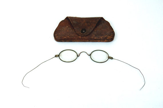 Antique eyeglasses oval wire frames leather case … - image 2