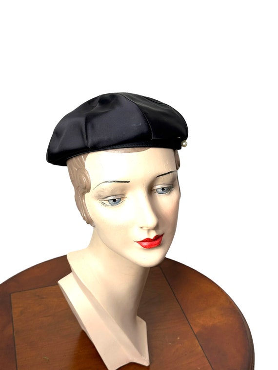 Vintage black satin beret tam Size 22 - image 2