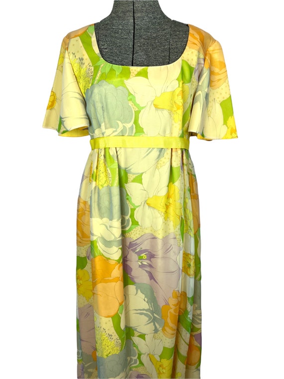 1960s floral maxi dress with angel sleeves yellow… - image 5