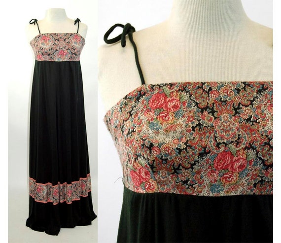 1960s maxi vestido boho vestido campesino largo negro rosa paisley
