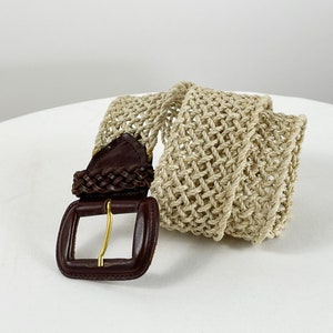 Vintage rope belt braided natural color with leather buckle Size L