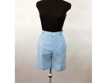 1960s shorts Bermuda shorts blue white checked gingham 60s sportswear cotton shorts Size S