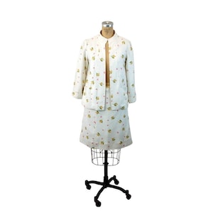 1960s suit linen suit spring suit floral flowered skirt jacket Size M