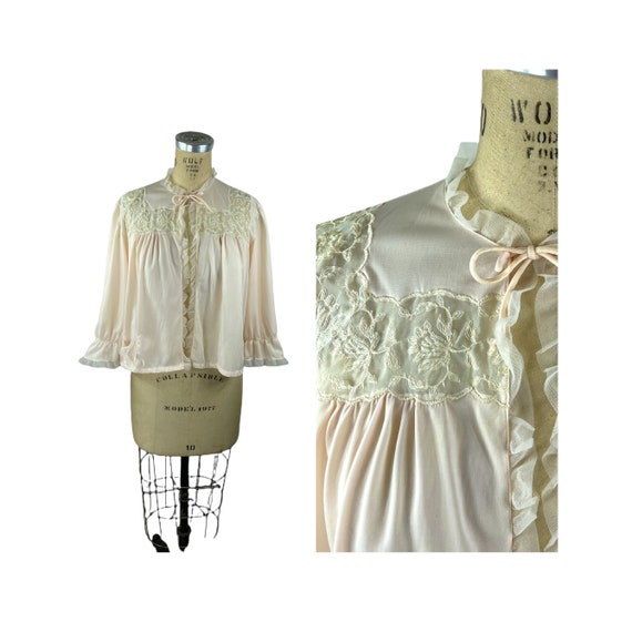 1950s Pink Bed Jacket With Embroidered Sheer Inserts and