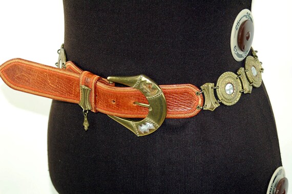 Boho belt brass and leather mother of pearl chain… - image 3