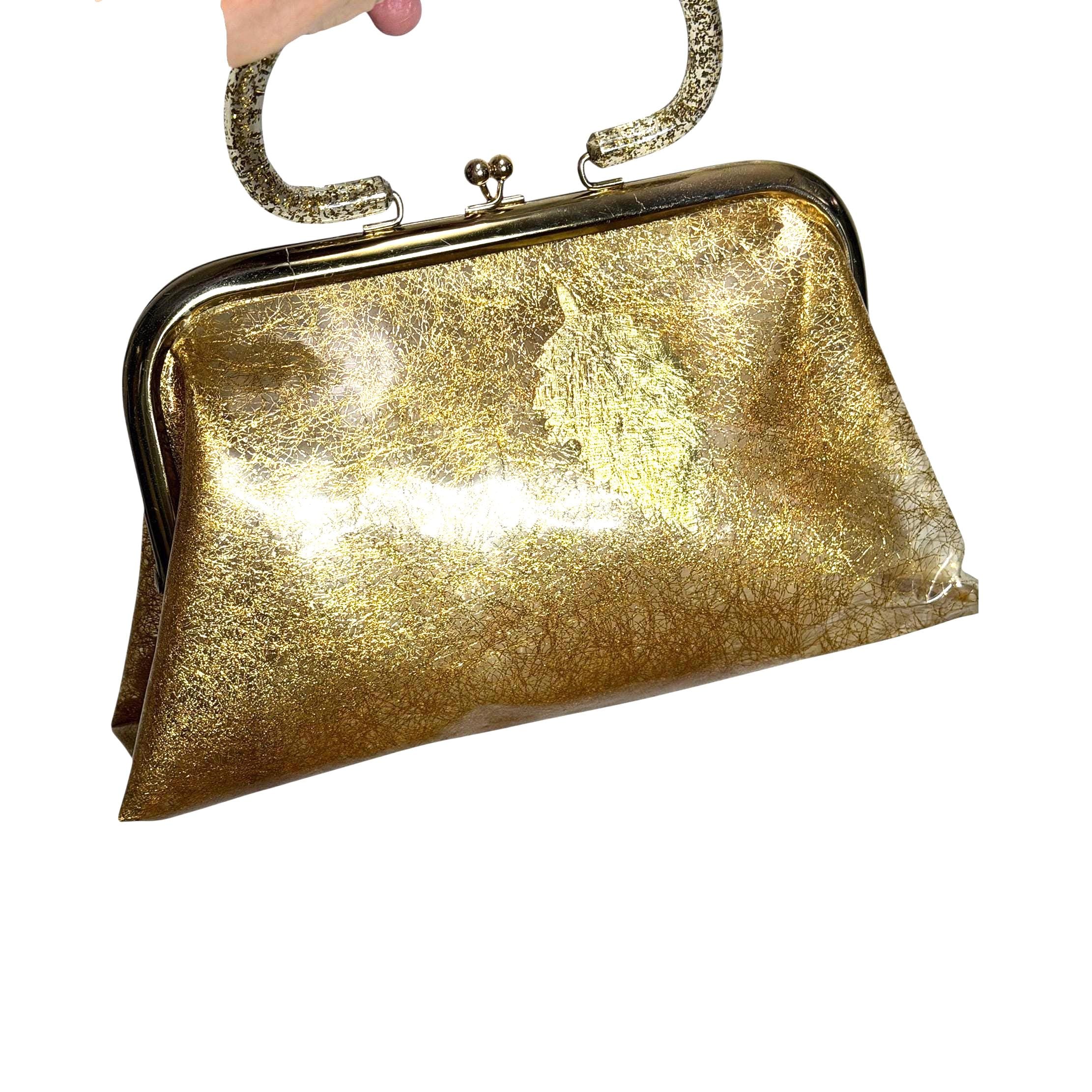 1950s/60s Gold Confetti Vinyl Leaf Handbag With Glitter Luctite