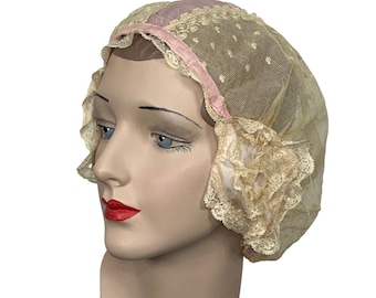 1920s lace and silk boudoir lingerie bed cap