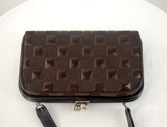 1960s handbag texturized checkered brown vinyl fa… - image 3