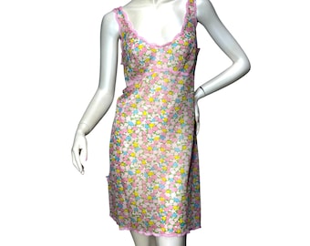 1970er Jahre kurzes Unterkleid mit Obstprint und Spitzenborte von Felina Gr. M